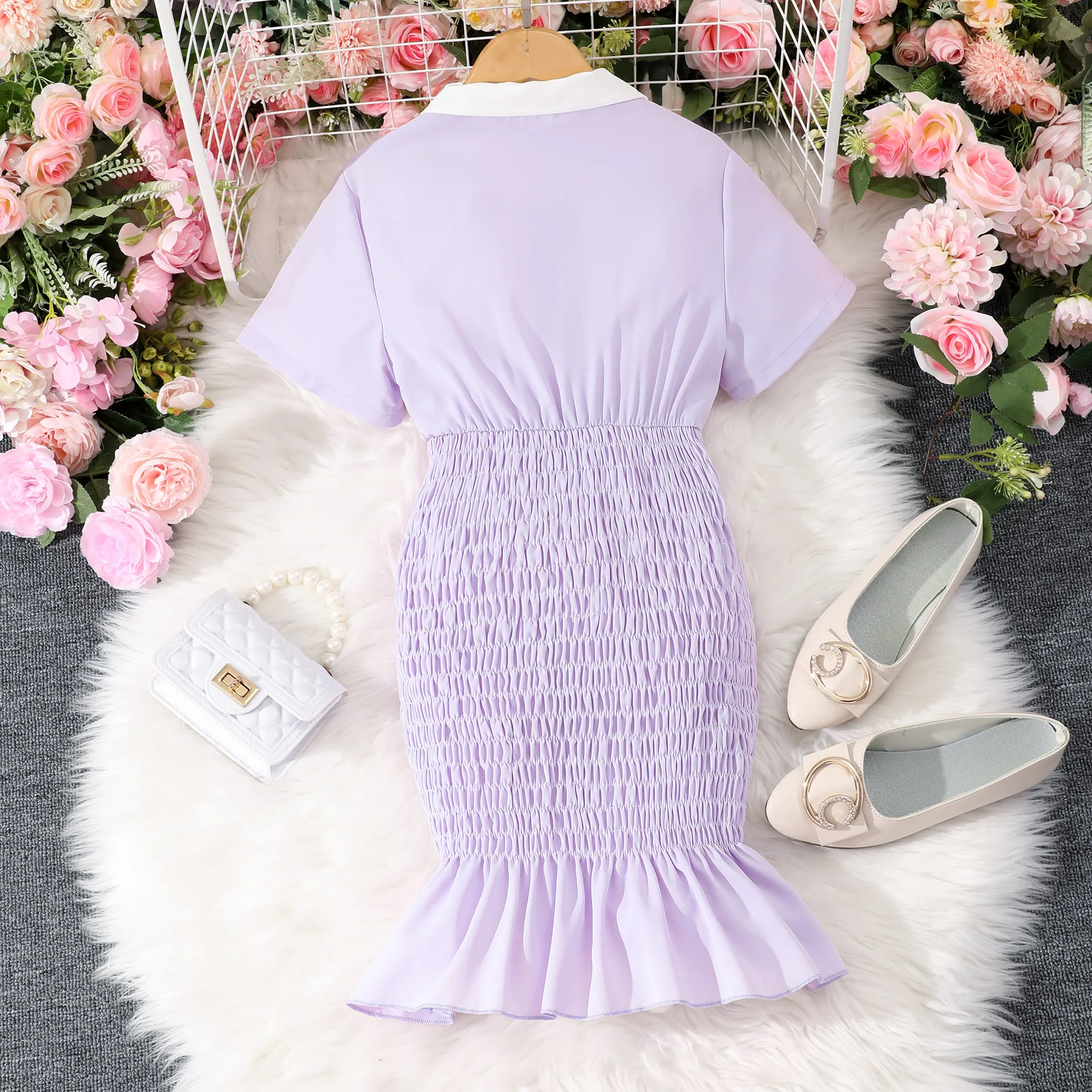 Children's 2024 new dress Girls short sleeve lapel solid color play wrap daily casual dress 8-12 years old