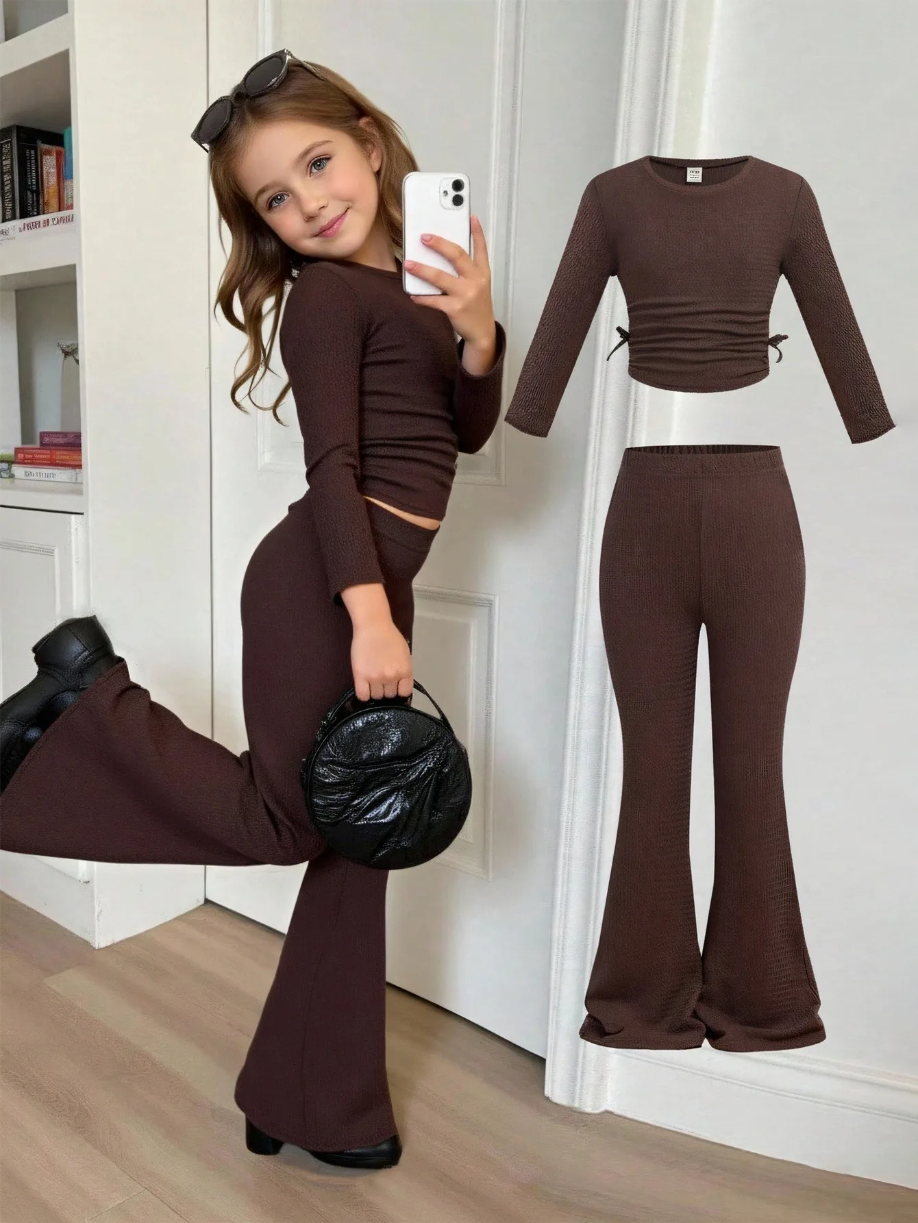 2-teiliges Set für Kinder und Mädchen, braunes Waffelstrick-Set mit gerafftem Crop-Top mit Kordelzug und Schlaghose, lässiges Alltagsoutfit
