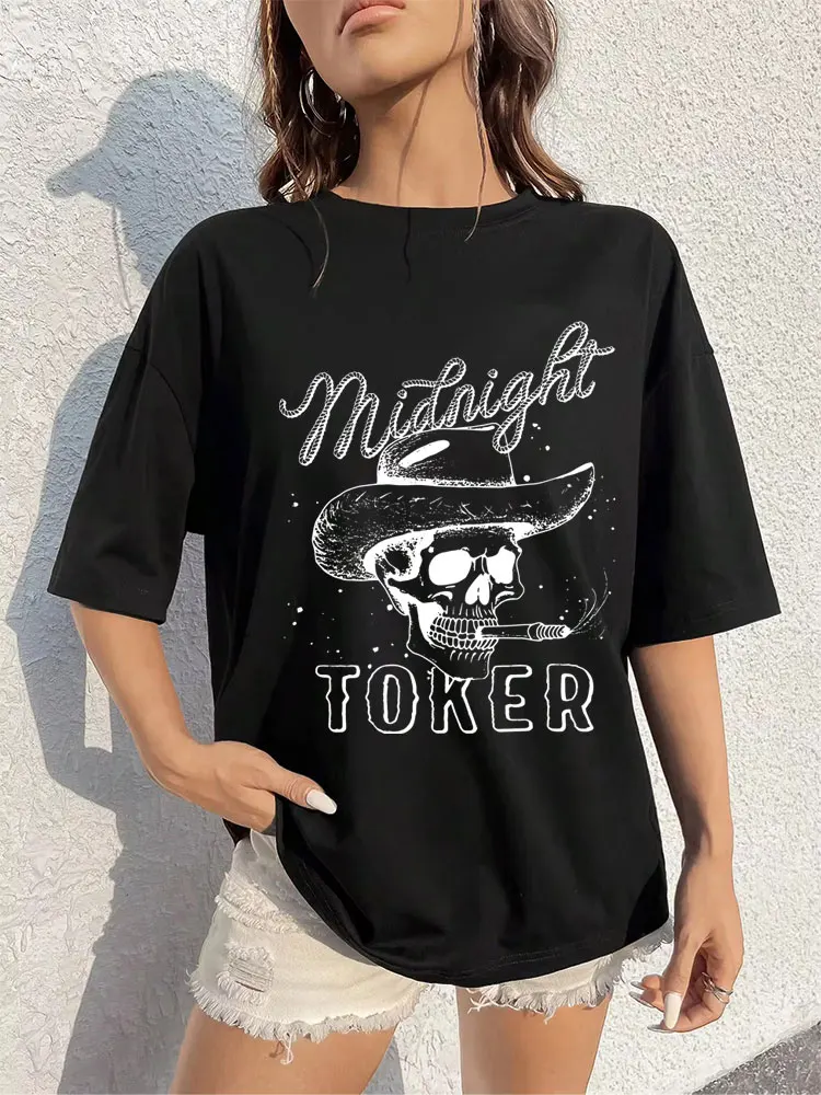 Midnight Toker Tee Cowboy Skeleton T-shirts Country Music Tee Shirts Oversized Concert T-shirts Fashion Casual Oversized Tshirt