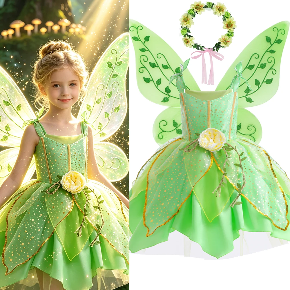 Feenprinzessin Kostümset mit Flügeln Mädchen Waldgrüne Kleider Halloween Kostüme Geburtstagskleid Luxus Kinder 3 4 5 6 7 8 Jahre