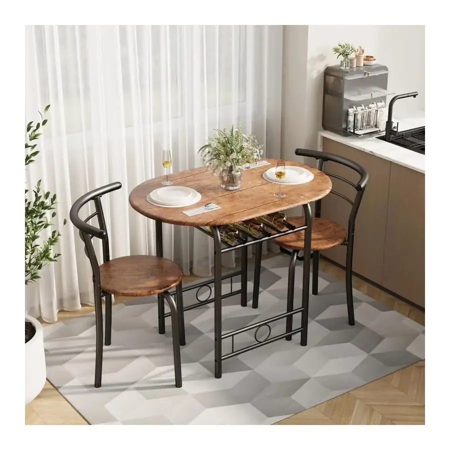 3Piece Wooden Dining Table Set, Kitchen Breakfast Nook Sets with 2 Chairs amp Round Tabletop, Space Saving Furniture Metal Frame