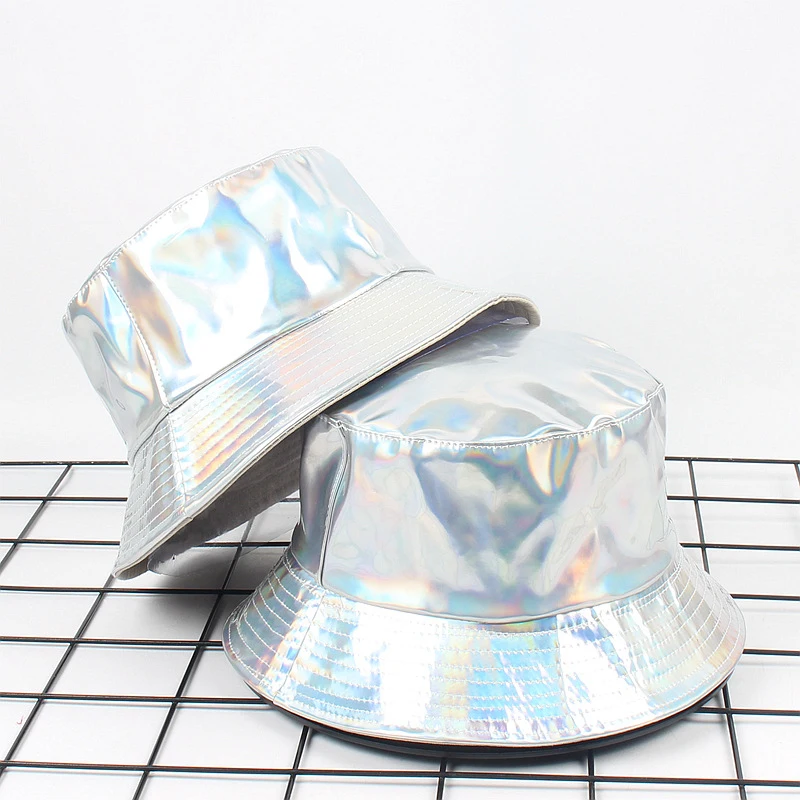Women Holographic Reflective Bucket Hat Shiny Laser Sun Cap for Party Club Casual Wear