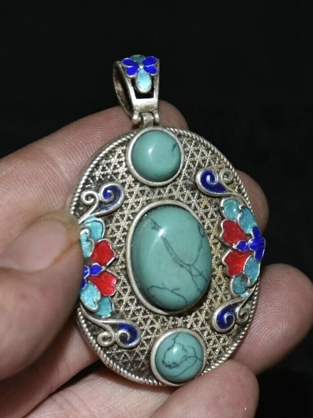 Old Chinese Silver inlay Turquoise Cloisonne Flower Pendant Necklace