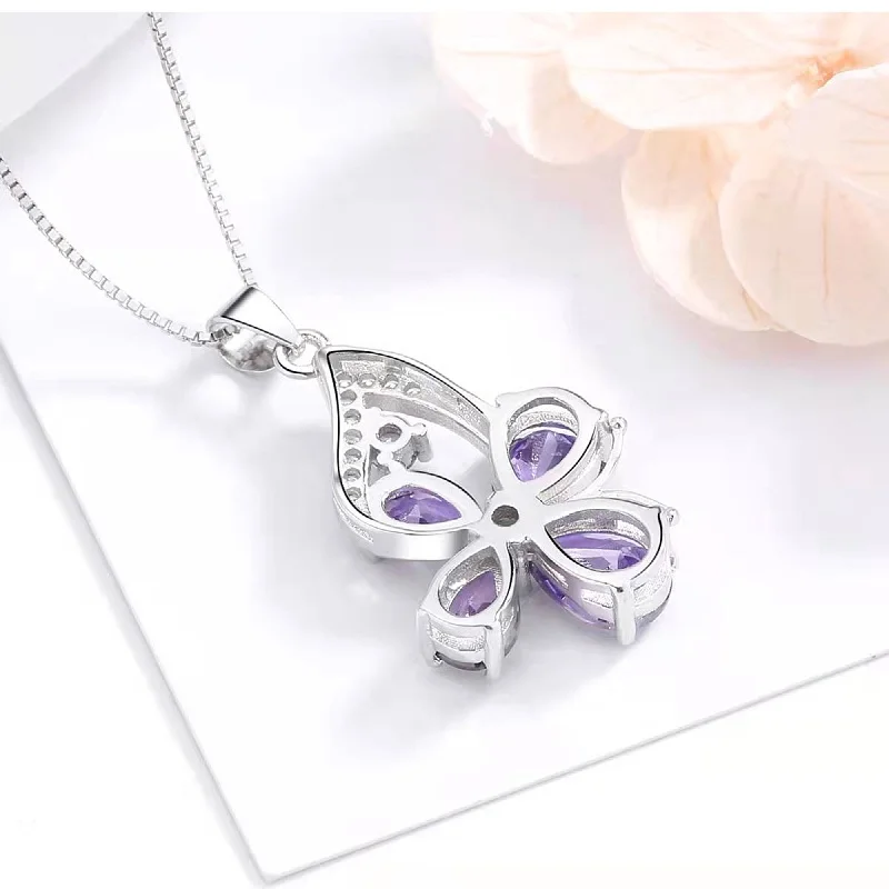 Classic Women's Fashion Income Shamrock Pendant Necklace Amethyst Gorgeous Jewelry Anniversary Birthday Engagement Party Gifts