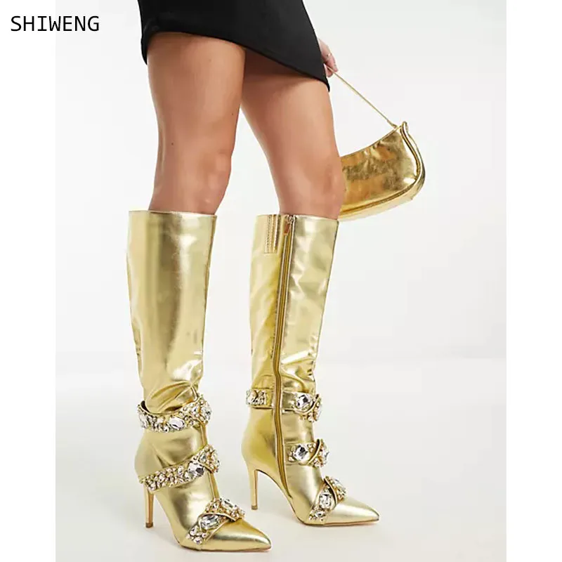 

2024 Design CRYSTAL Zipper Women Knee-High Boots Sexy Pointed Toe Thin High Heels Stripper Long Ladies Shoes 44