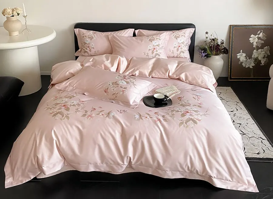 Elegant french flower pink beige bedding set,full queen king romantic 100s cotton home textile bed sheet pillow case duvet cover