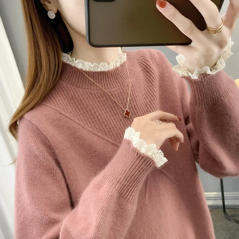 

New Half High Neck Sweater Fashion Women's Pullover Elegant Lace Edge Autumn Winter Bottoming Top Warm Pull Femme Knitwears