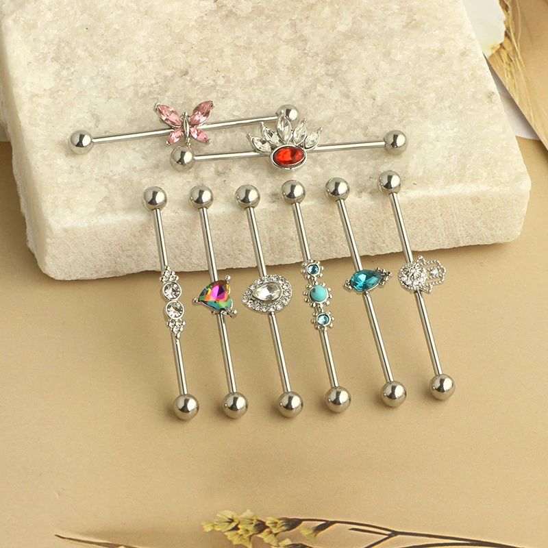 14G Crystal Long Industrial Earrings, Surgical Steel Industrial Bar Piercing Jewelry, Flexible Cartilage Earring Helix Conch