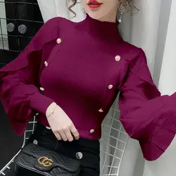 Women Ruffle Patchwork Elegant Chic Half High Collar Knitwears Autumn Winter Korean Fashion Long Sleeve Solid Slim Pullover Tops