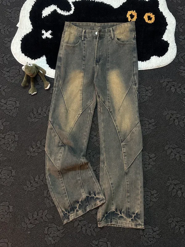 

Men's Oversize Straight Leg Jeans Summer Desert Sle Splicing Long Trousers High Waist Wide Leg Casual High Sensation