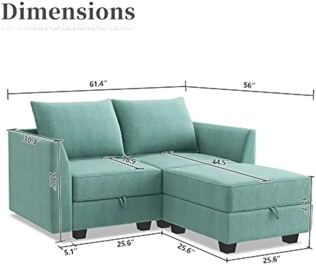 Modular Sectional Sofa 2 Seater Couch with Chaise L Shaped Modular Sofa for Small Apartment, Aqua Blue