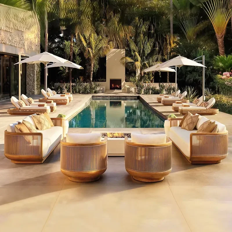 Vintage Solid Teak Outdoor Sofa Rattan Coffee Table Set for Villa Courtyard Garden Balcony Hotel Exterior Leisure Furniture