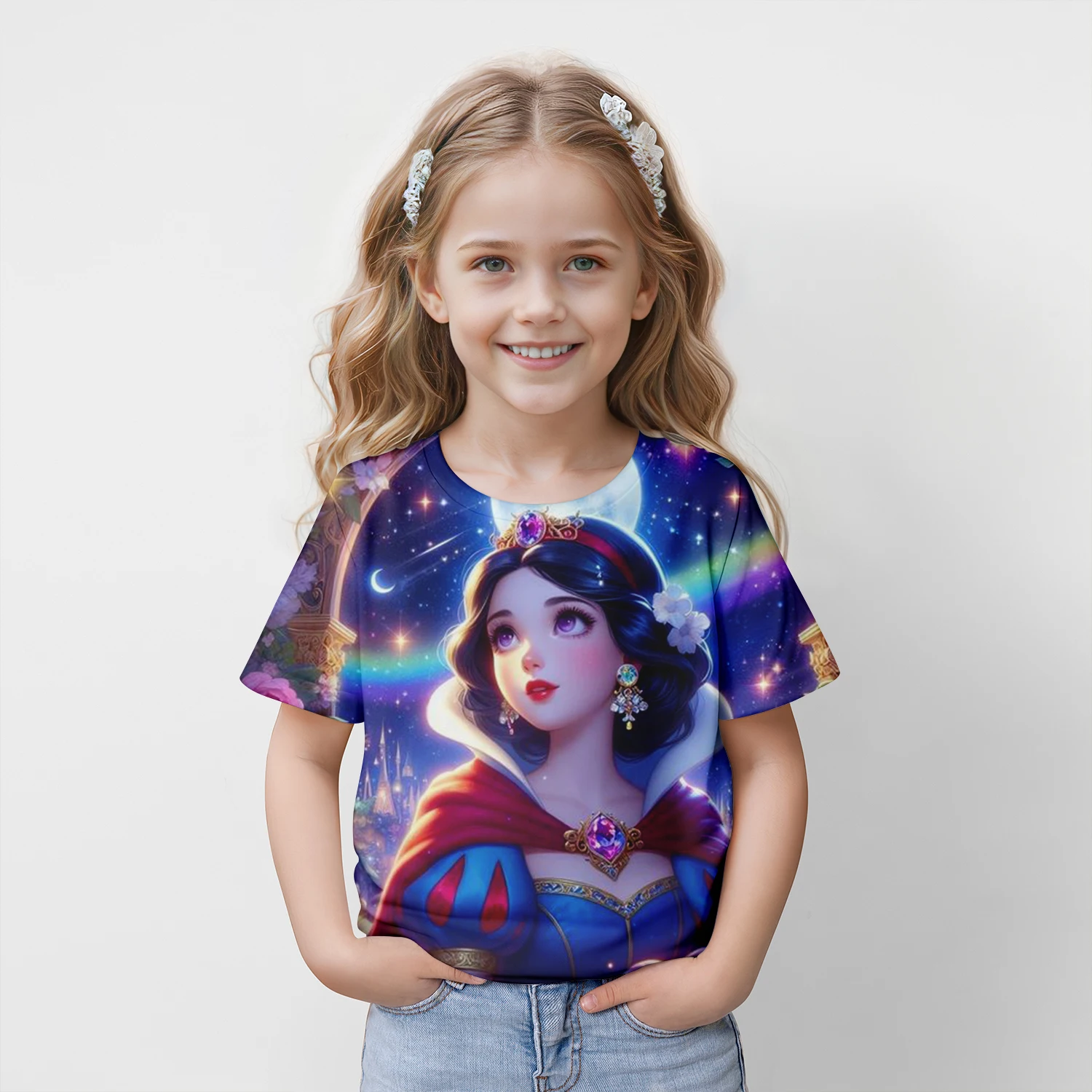 MINISO Snow White Summer Girls T-shirt Top Cute Kawaii 3D Print Girl Short Sleeves Fashion Children's Clothing Boy Party Disney