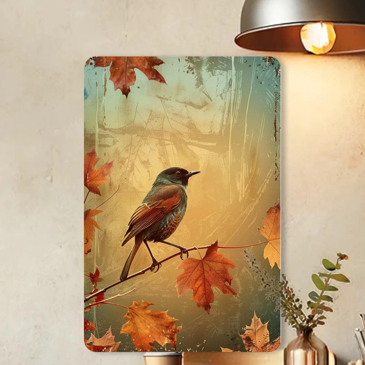 لافتة قصدير عتيقة للطيور الخريفية والأوراق المتساقطة - ديكور منزلي مثالي لعشاق الطبيعة - فن جداري متين مقاس 8 × 12 بوصة للخريف #4