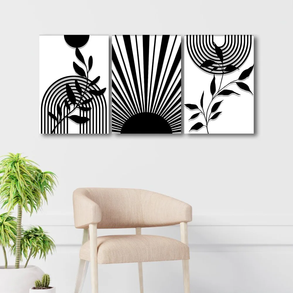 （3PCS NOFrame）-3pcs Black and White Geometric Art Prints - Botanical Arches, Radiant Sunburst, and Minimalist Leaves- Modern