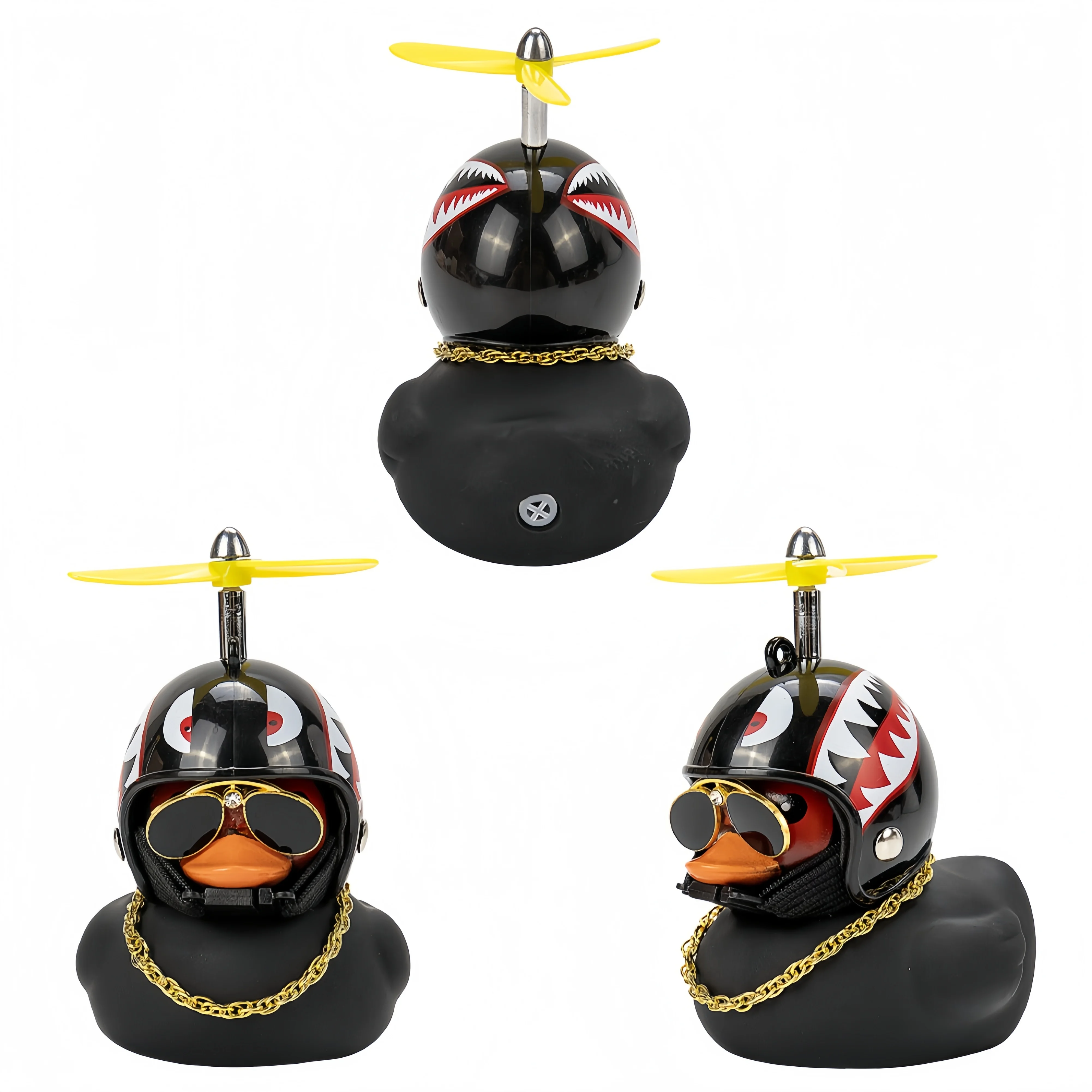 Schwarze Gummi-Ente als Auto-Armaturenbrett-Ornament mit Propeller, Helm und Sonnenbrille, Lustiges Auto-Innenzubehör, Fahrrad-Ornament, Geschenk – Detail 13
