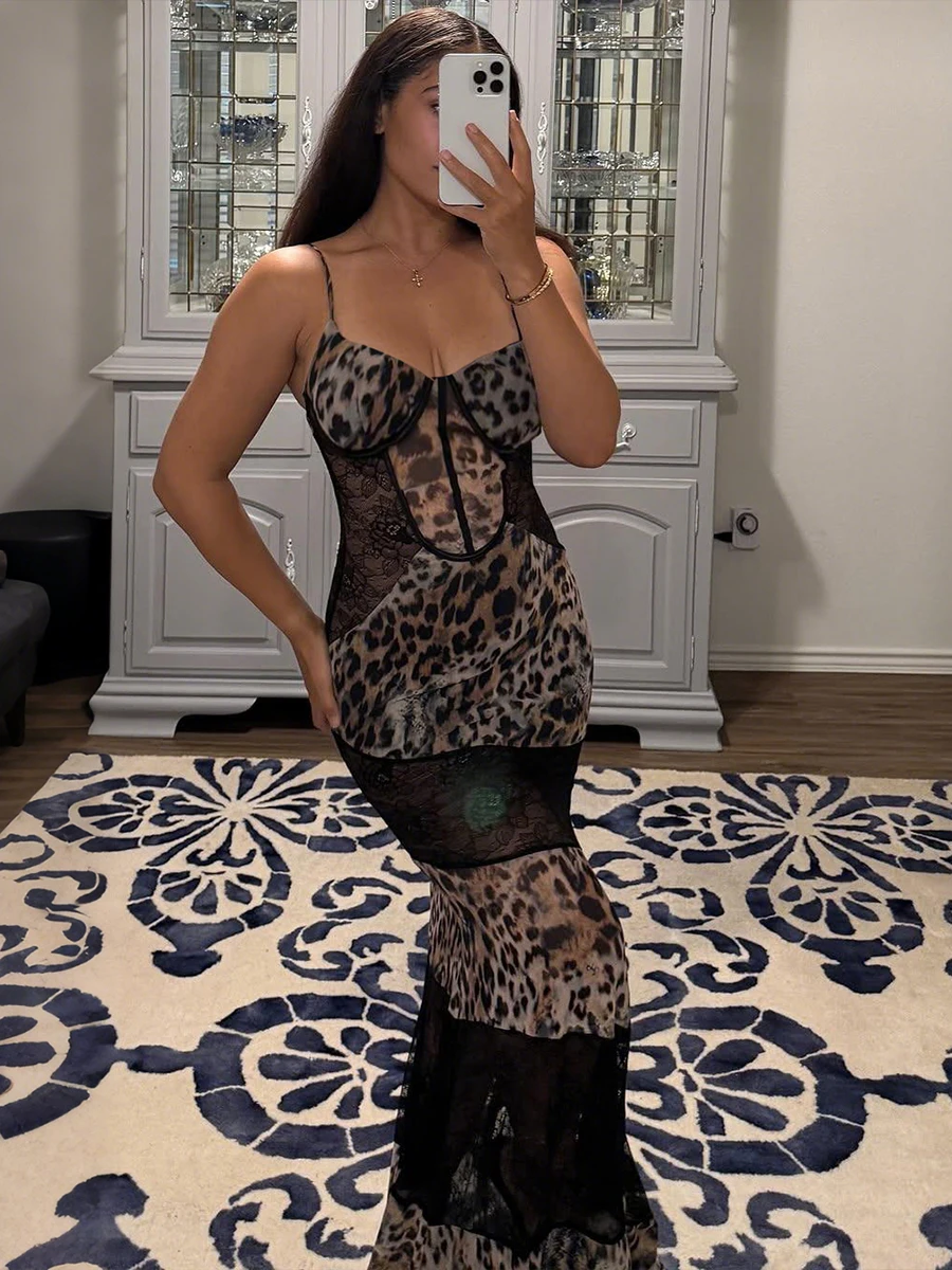 Kliou Leoparden-Print Trägerkleid Damen Tiefer Ausschnitt Ärmellos Rückenfrei Mesh-Patchwork Kleid Midnight Club Party Sexy Mode Vestidos