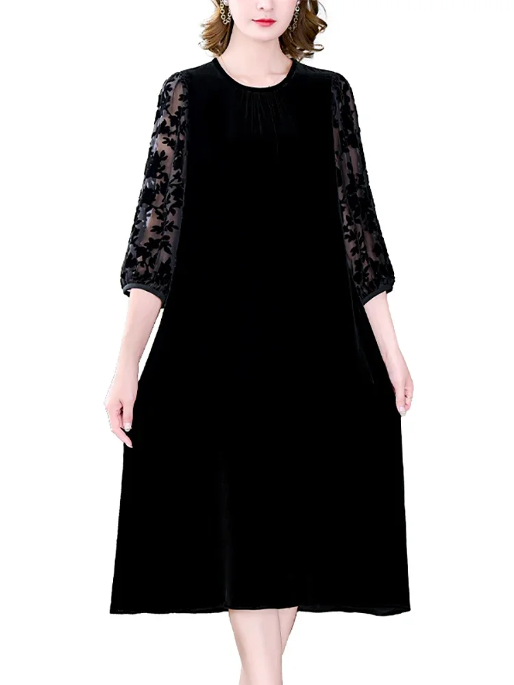 Autumn Winter Black Velvet Chic Hook Flower Hollow Sexy Midi Dress Women Solid Elegant Bodycon Dress 2024 Korean Vintage Dresses