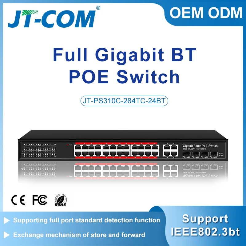 

Unmanaged BT PoE switch 4*1000M TP/SFP Combo ports and 24*1000M PoE ports, 1-24 ports support IEEE802.3af/at/bt PoE standard,