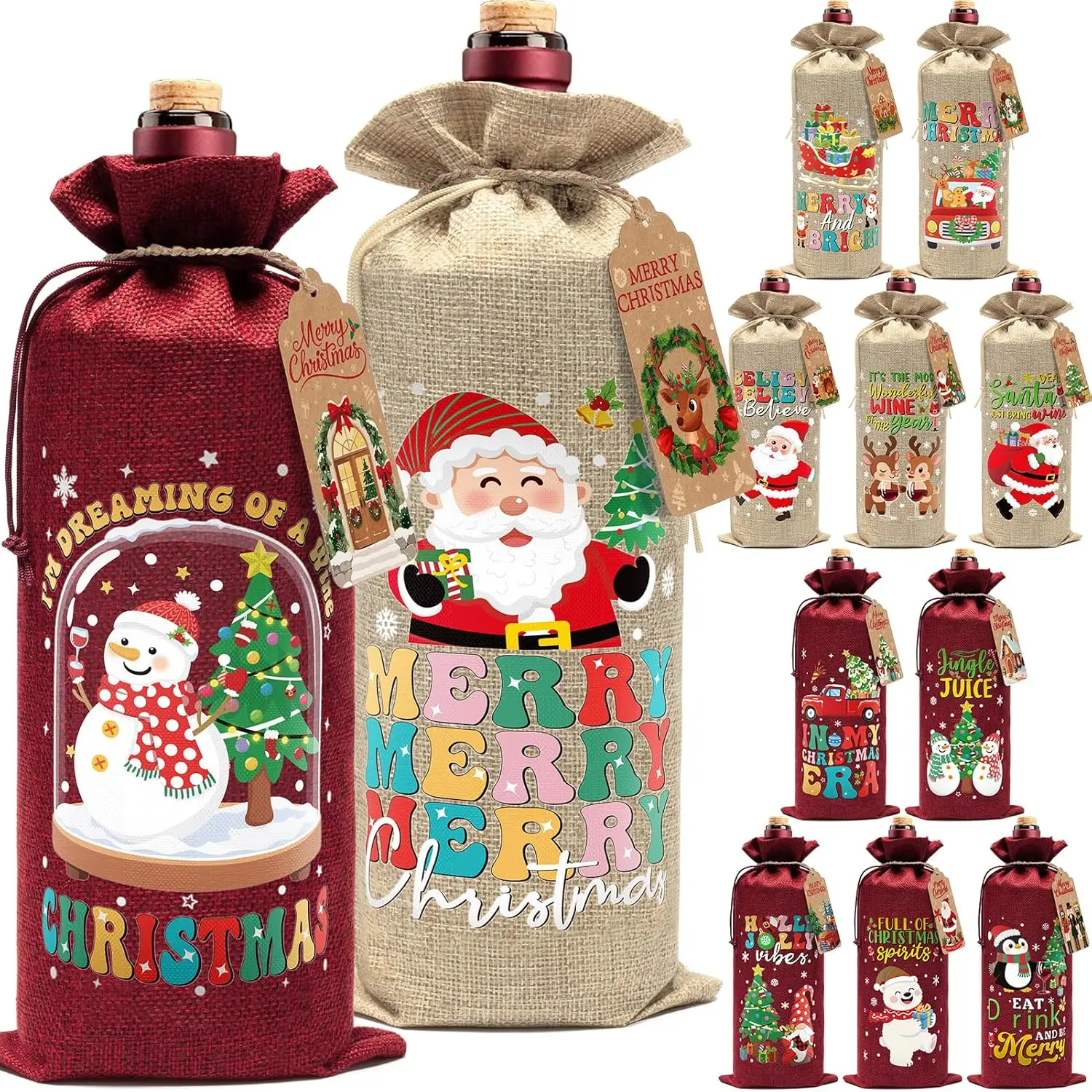 

12PCS Burlap Wine Bags Christmas Wines Gift Bag, Drawstring Retro Christmas Bottle Cover Gift Bag w/Tag, Reusable Wines Bags for