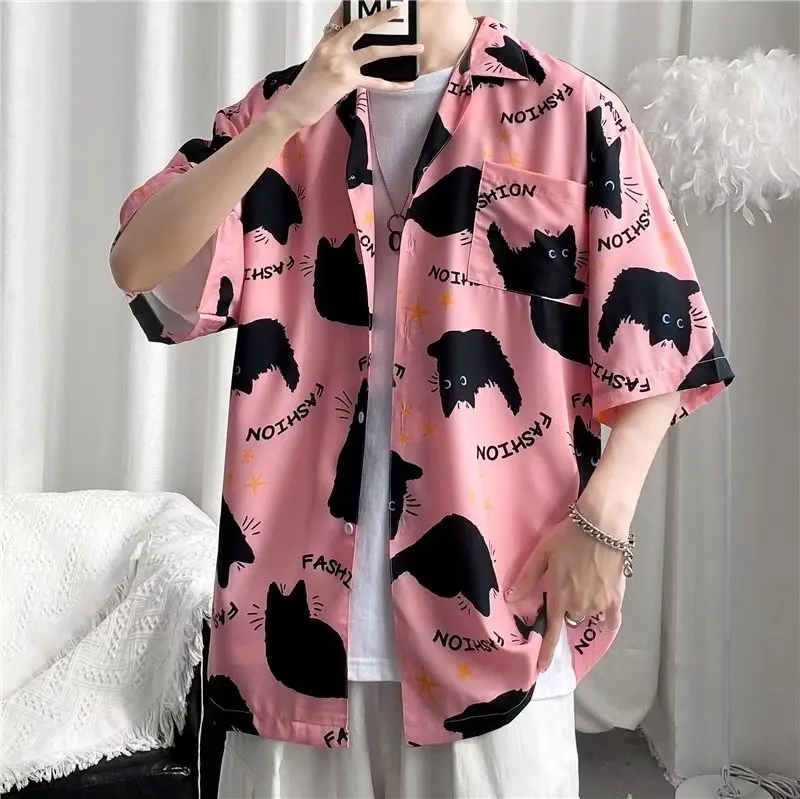 Summer High Quality Mens Shirt 3D White Cat Printed Short Lapel Sleeve Big Size Hawaii Men Clothing Beach Design Shirts 2023