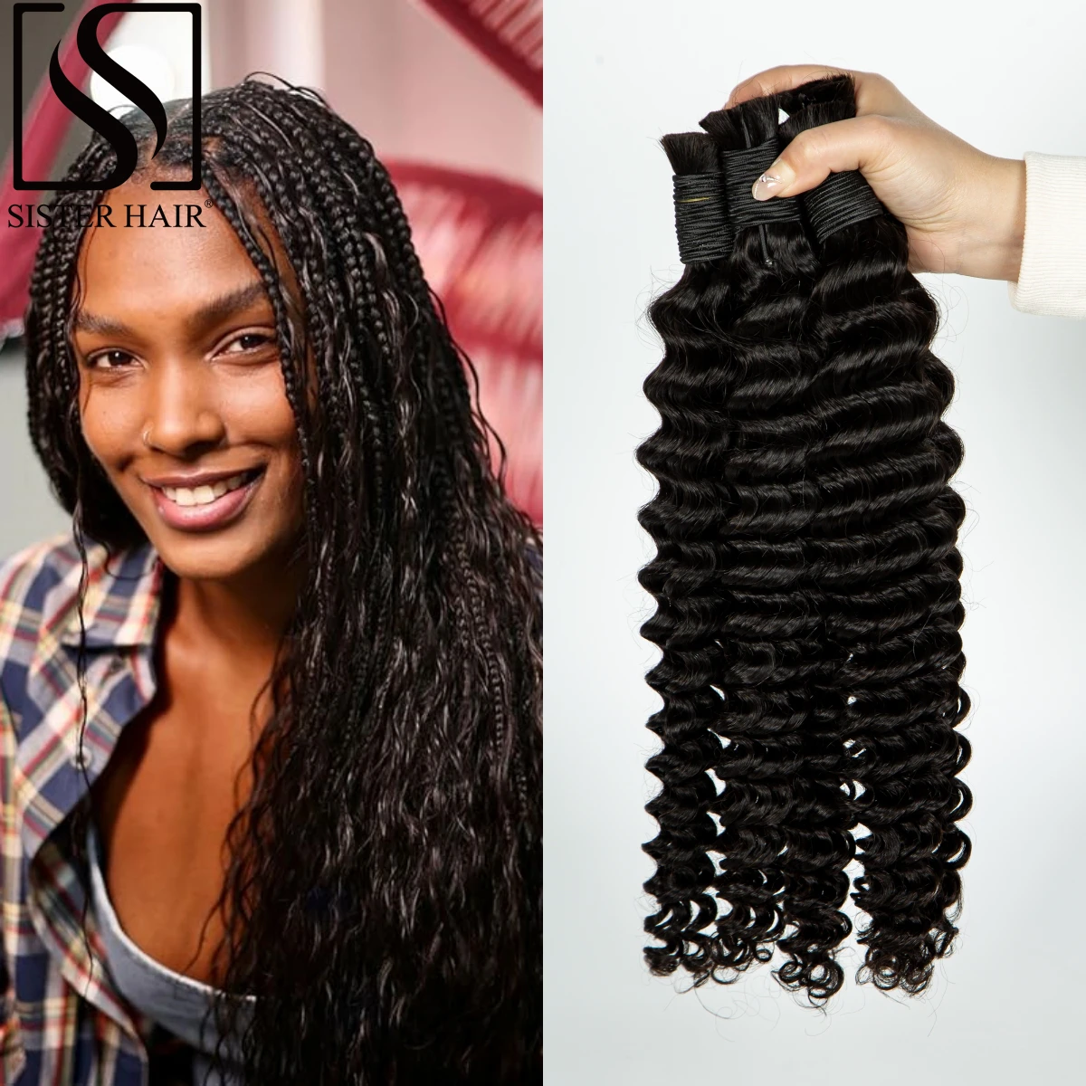 

26 28 Inch 100% Virgin Human Hair Bulk for Boho Braiding Natural No Weft Brazilian Remy Hair Bulk Deep Wave Curly Braided Bundle