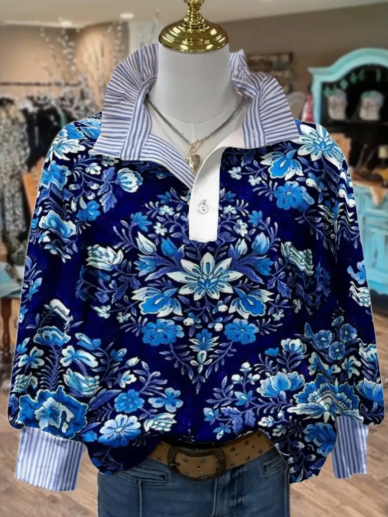 Women's striped shirt with multi-color striped collar and Lotus leaf, lotus pattern top