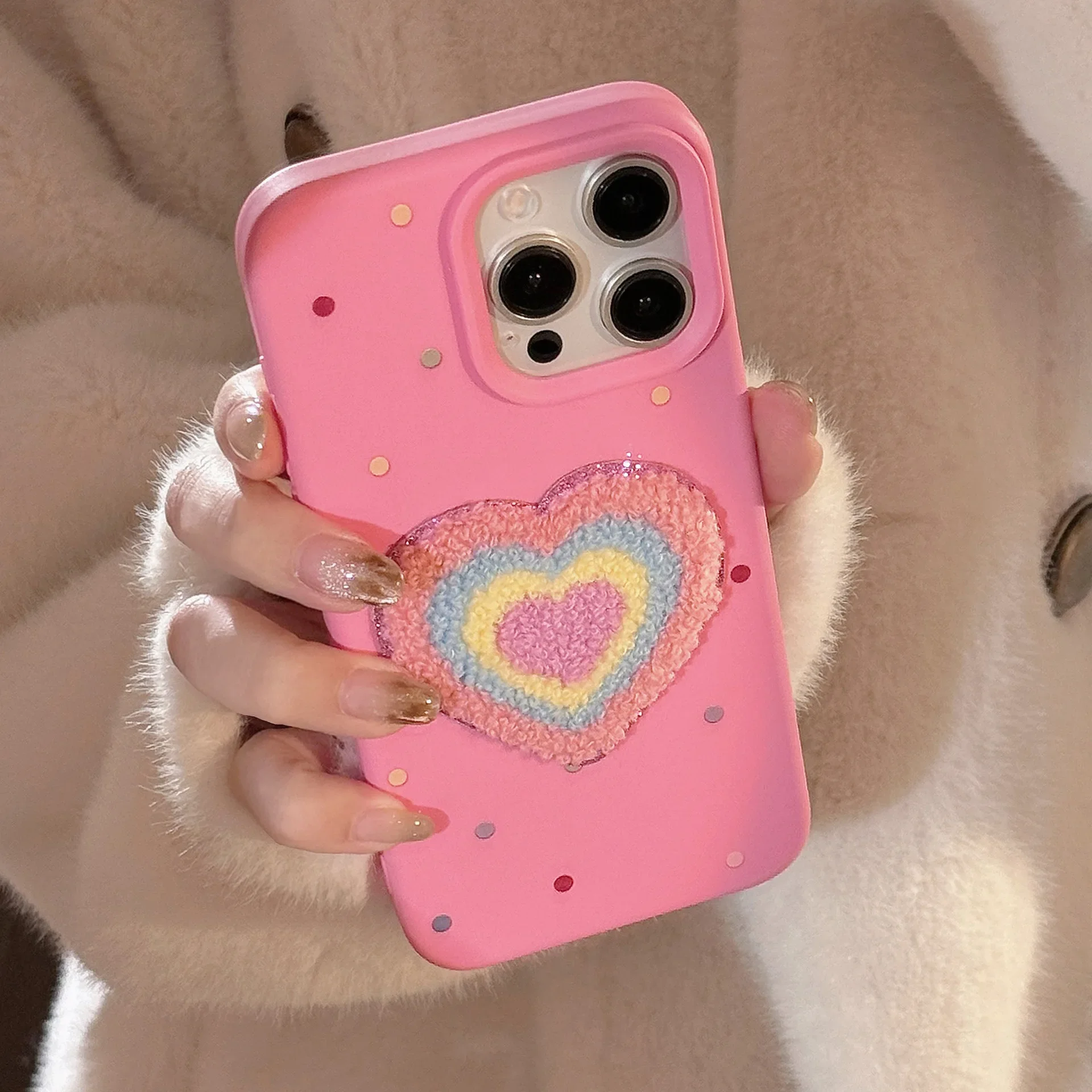 Colorful Love Heart Circular Dots Towel Velvet Decoration Cover Case for iPhone 16 15 14 13 12 11 Pro Max Plus Phone Case