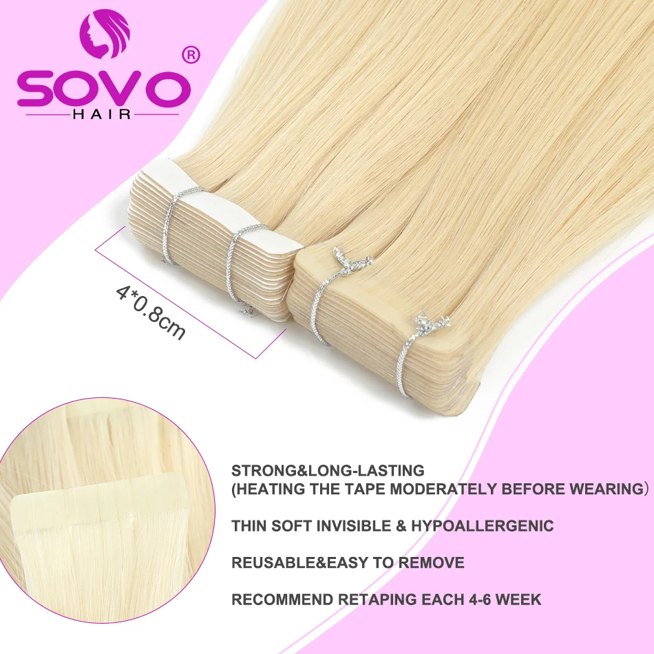 SOVO-extensiones de cabello 100% humano, cinta de Color Natural, trama de piel sin costuras recta brasileña para cabello fino, 10 piezas