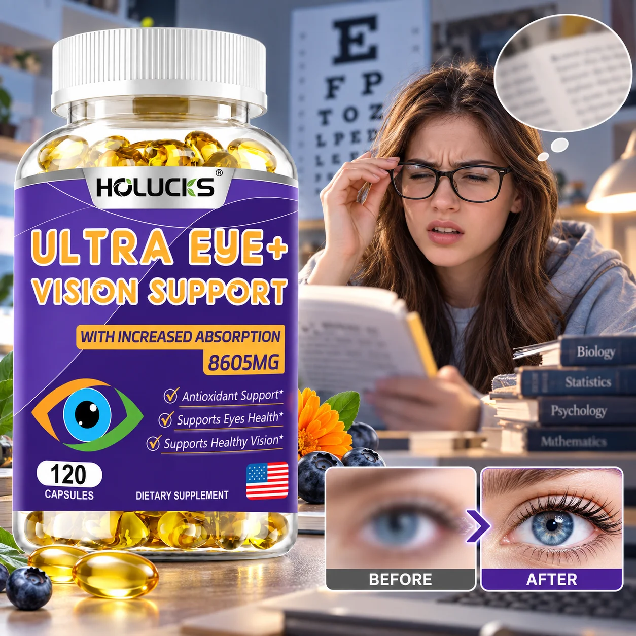 Ultra Eye+ Vision Support Supplement, Bilberry Lutein & Astaxanthin, Support Retina Eye & Vision Health, Ease Dry & Tired Eyes
