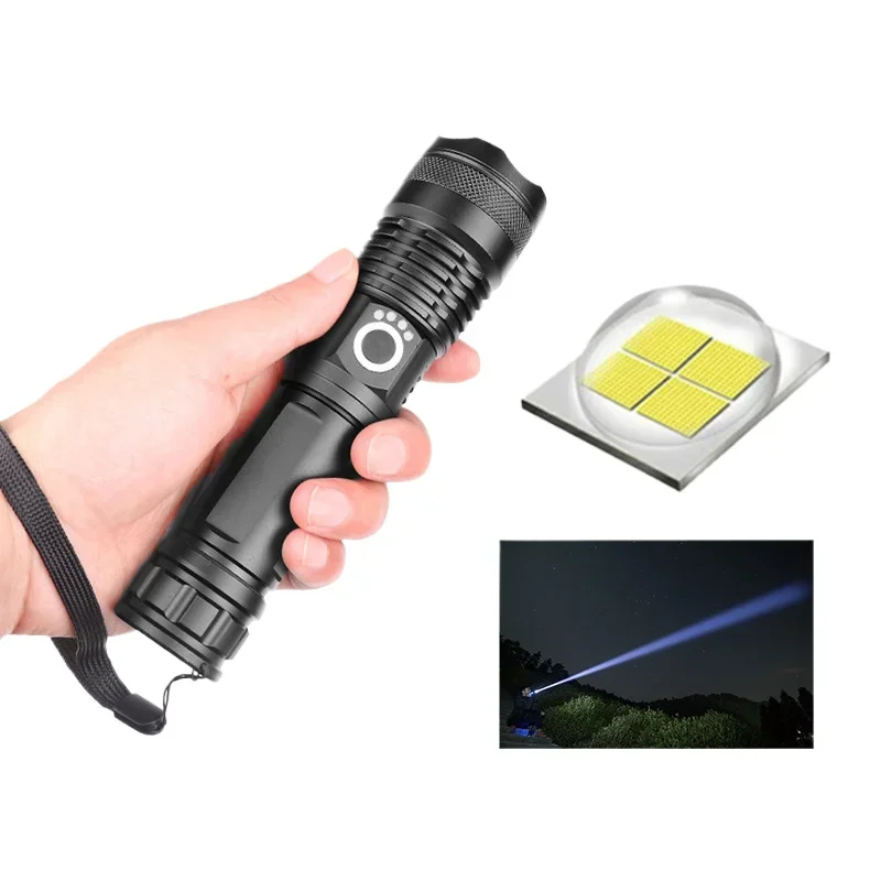 New XHP50 aluminum alloy telescopic flashlight, power display USB charging P50 strong light flashlight