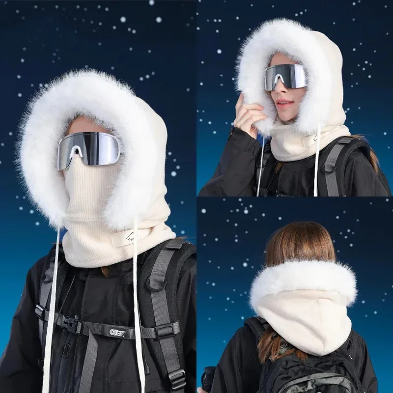 

Winter Thick Men Women Hat Scarf Mask One-piece Knitted Cap Winter Warmer Unisex Hooded Hat Skiing Cycling Fleece Beanies Caps