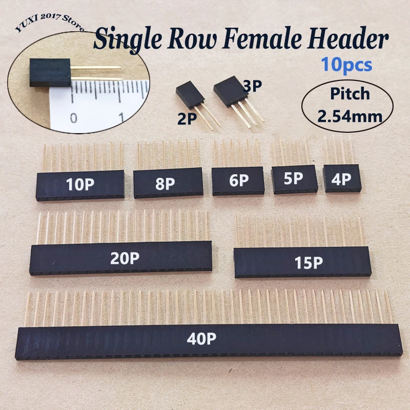10pcs 2.54mm Single Row Female Headers 1x2/3/4/5/6/8/10/15/20/40P 11mm Long Pin Socket For PCB & Electronic Projects