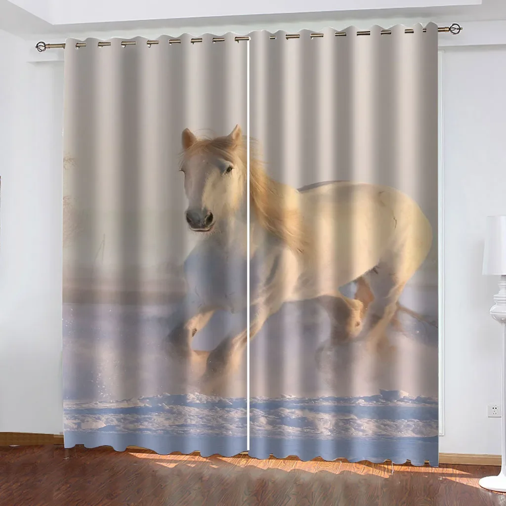 

HUANZHUANG Curtains Length 2 Panels Set White Animal Horse Print Grommet Thermal Insulated Room Darkening Window Curtains