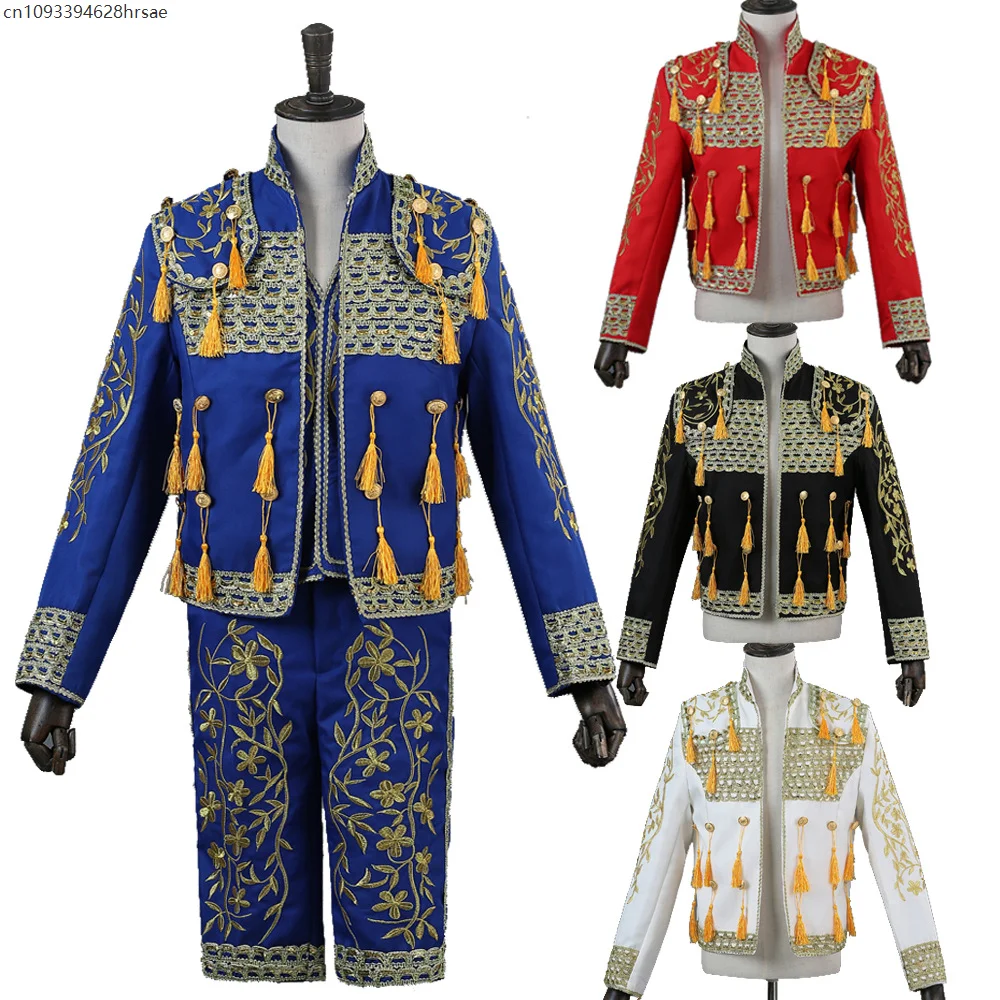 

Men's Medieval Luxury Noble Prince Costume Spanish Bullfighter Clothes Fringe Jacket Vest Pants SUit Halloween Matador Outfit