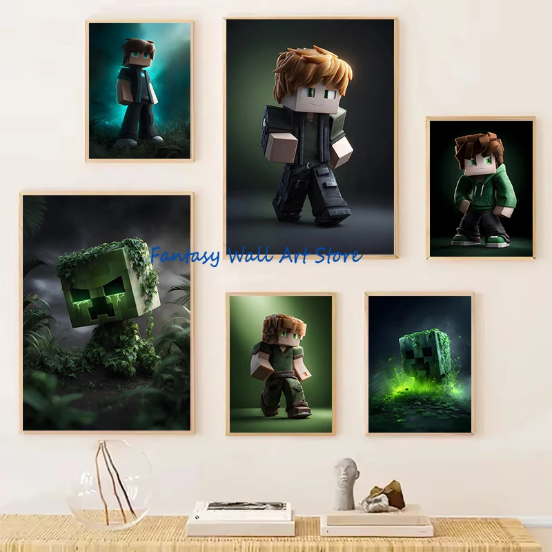 M-ine-craft Classic Kids Game Characters Minimal Video Game Poster Canvas Painting Wall Picture Home Gaming Room Decor Kids Gift