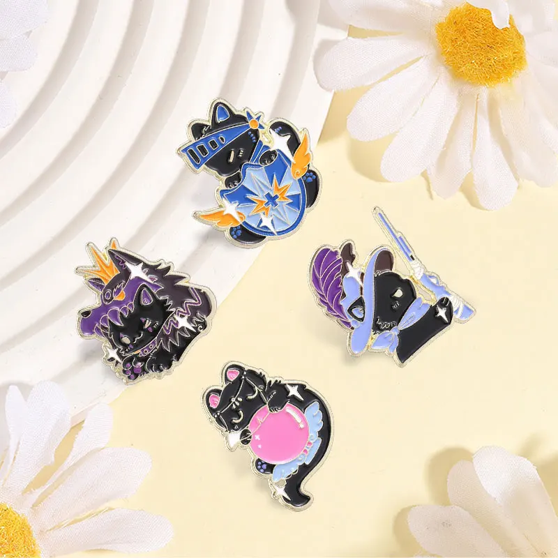 Cosplay Card Reasoning Game & Black Cat Enamel Pin Punk Demon Witch Cat Knight Shield Black Cat Brooch Lapel Bag Badges Jewelry