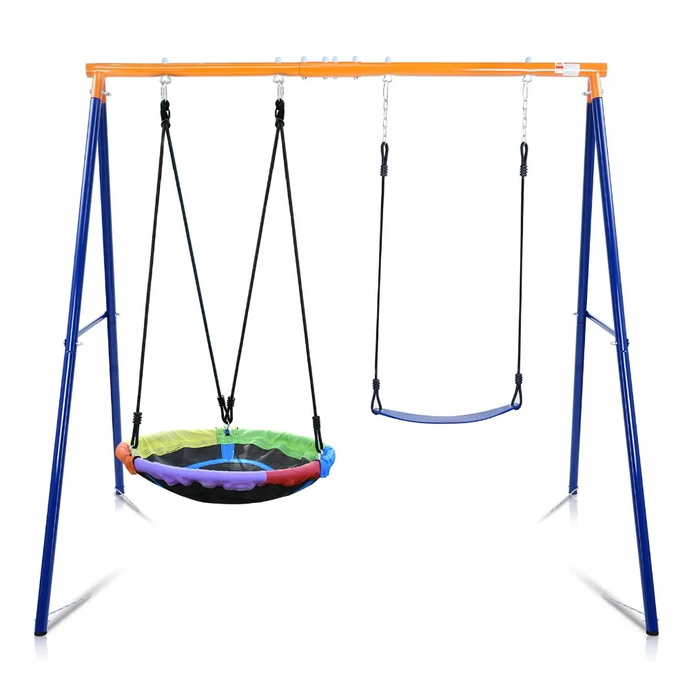 Swing Set for Backyard with Heavy-Duty A-Frame Metal, 1 Saucer Swing Seat & 1 Belt Swings Seat