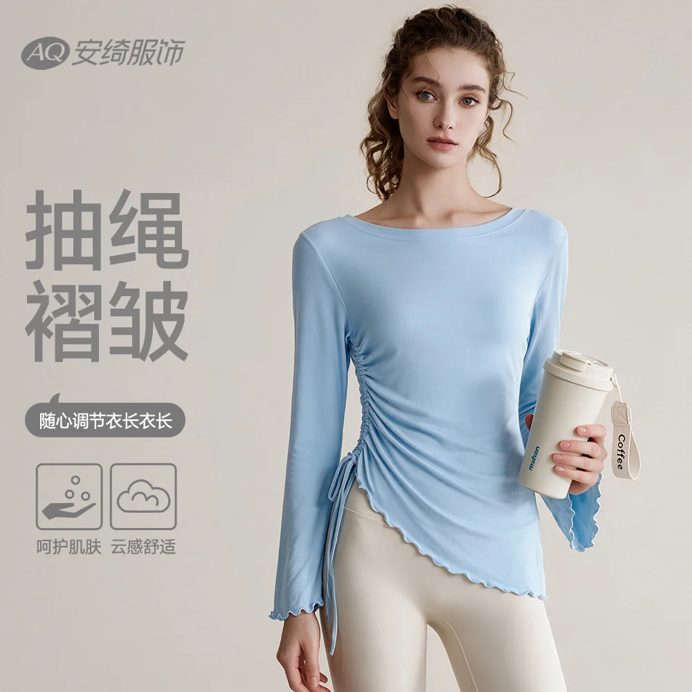 Women's fitness suit drawstring pleated Pilates training long sleeved quick drying outerwear autumn/winter yoga top