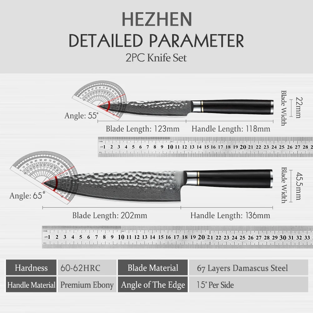 HEZHEN 1-2 PCS Kitchen Knife Sets professional Japanese Damascus Steel VG10 Chef knife Utility Knives Cook Tool Ebony Handle