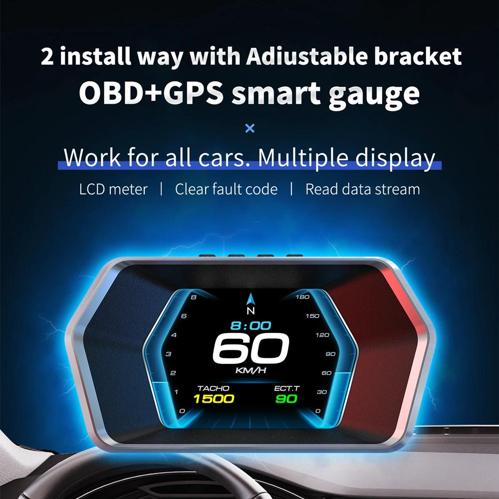 

P17 OBD2 +GPS HUD Display Smart Auto Speedometer Tachometer Security Alarm Water Temp Voltage RPM Head-Up Display For All Car