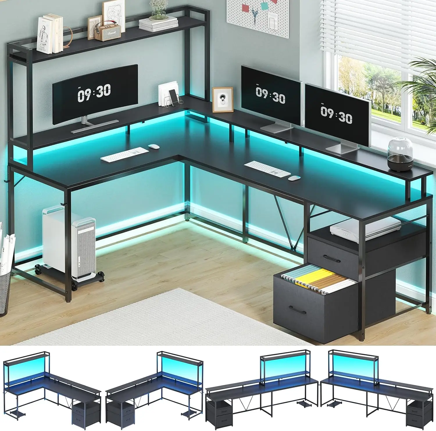 L Shaped Gaming Desk, Home Office Desk com gaveta de arquivo e prateleira Monitor, Black Corner Computer Desk, 94,4"