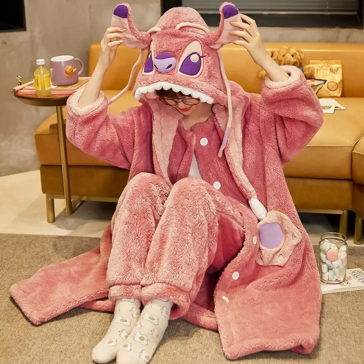 New Stitch Angel Couple Plush Hooded Pajamas Autumn And Winter Thick Fleece Nightgown Bathrobe Home Suit Set For Men And Women