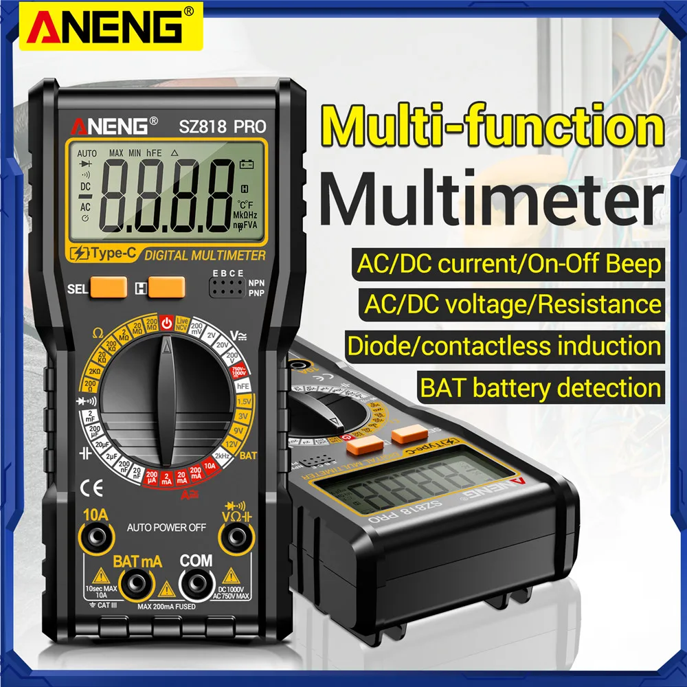 Multimetri digitali ricaricabili ANENG SZ818Pro, strumenti professionali per la misurazione di tensione AC/DC, NCV, amperometro, voltmetro, HFE, triodo e condensatori.