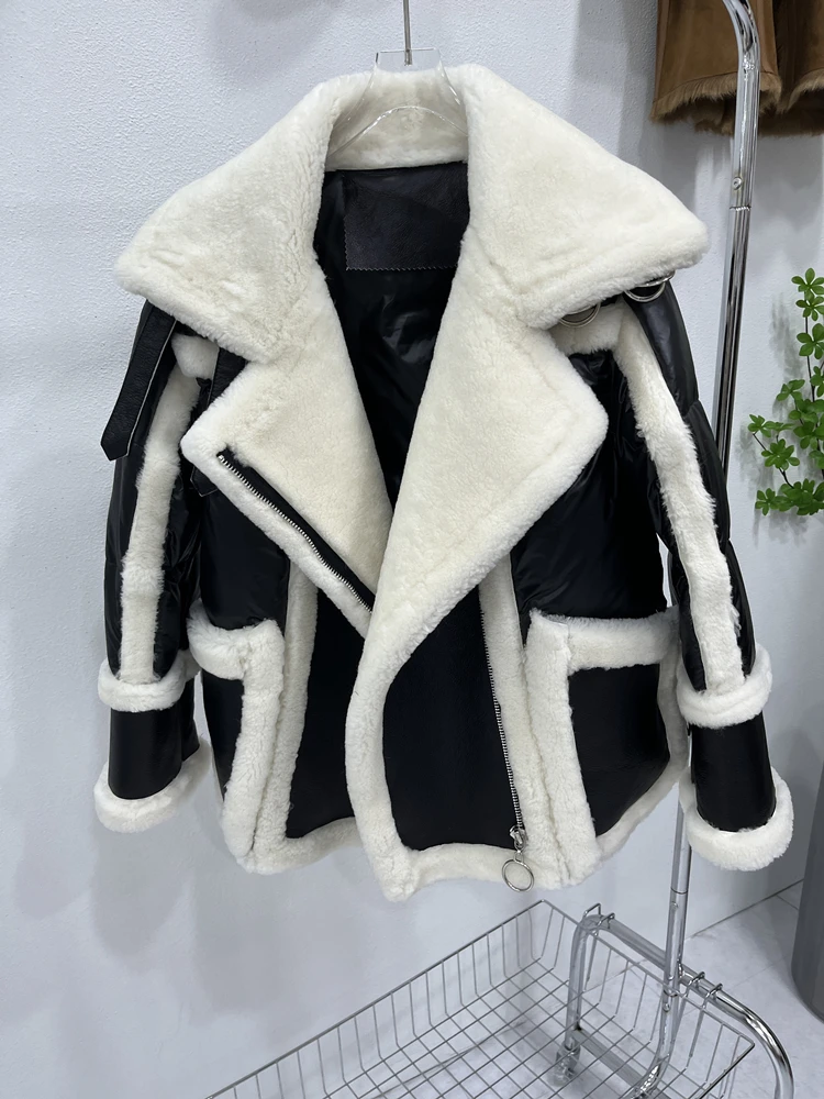 

MENINA BONITA New Real Fur Coat Winter Women Sliver Genuine Leather Sheep Double-faced Fur White Duck Down Motorcycle Jacket