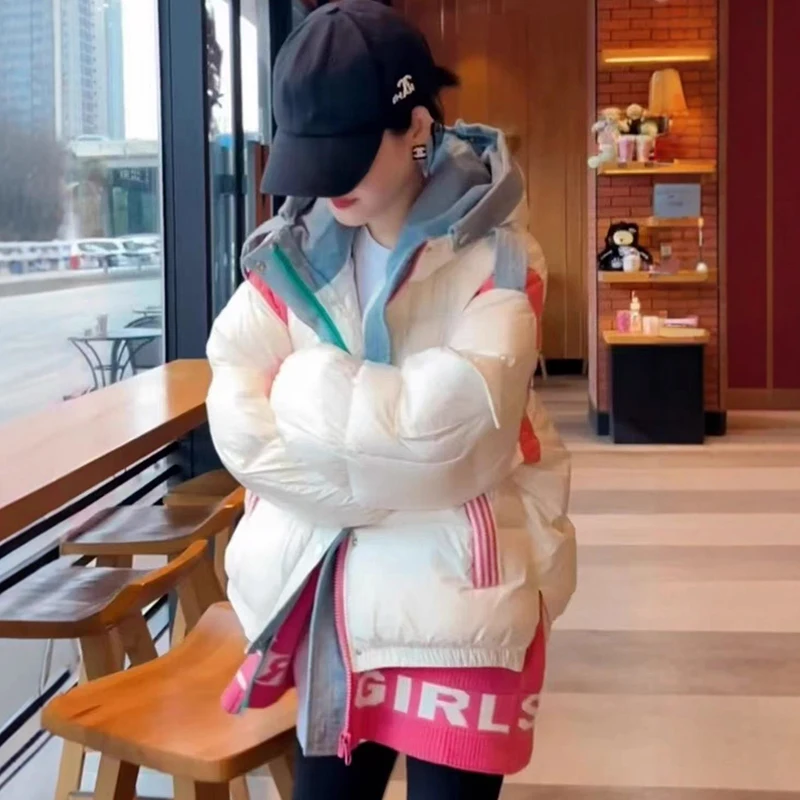 

Winter Spliced Hooded Down Jacket Female Thick Warm Zipper Parka Outwears Women White Duck Down Letter Print Jackets Overcoat