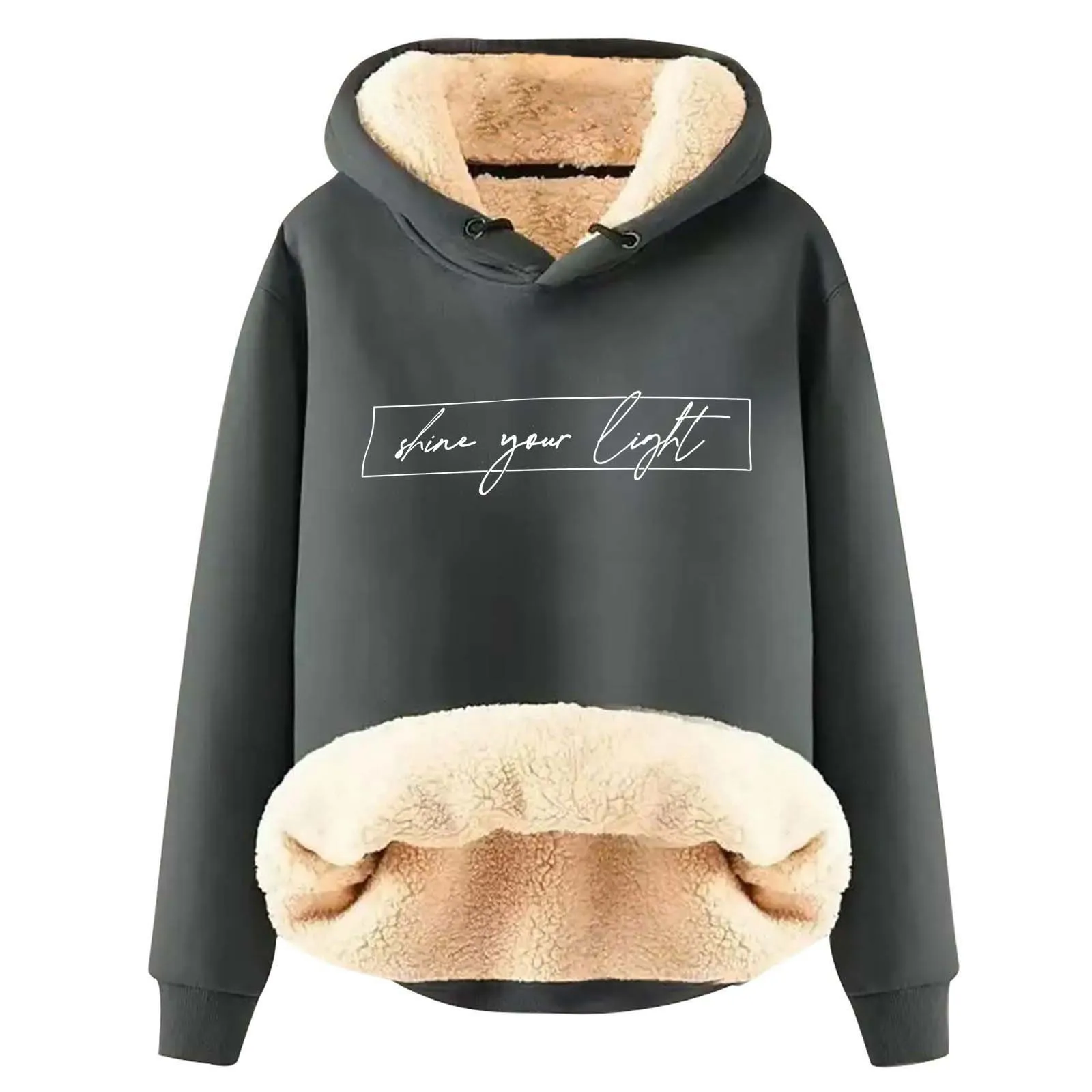 Casual Comfort Loose Fit Hoodies Winter Thick Woolen Warm Pullover Women Letter Print Lamb Wool Hooded Sweatshirt Jacket