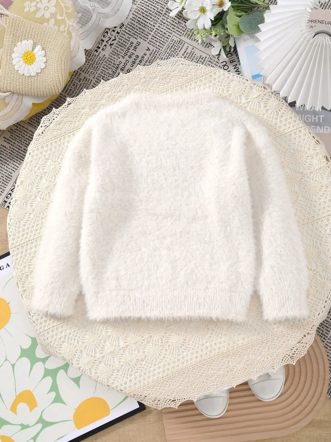 Cute Girls' Faux Mink Sweater with Black Bow Design on the Chest, Soft and Skin-Friendly