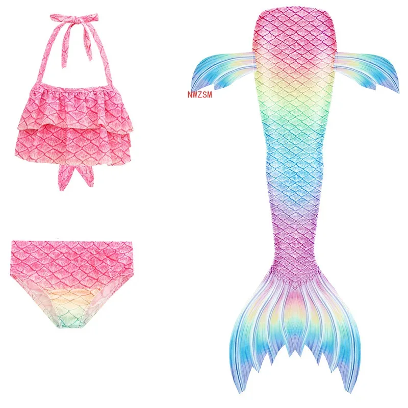 3pcs Kids Mermaid Tail for Girls Swimsuit Children The Little Mermaid Costume Beach Bikini Bathing Suit for Swimming No Flippers