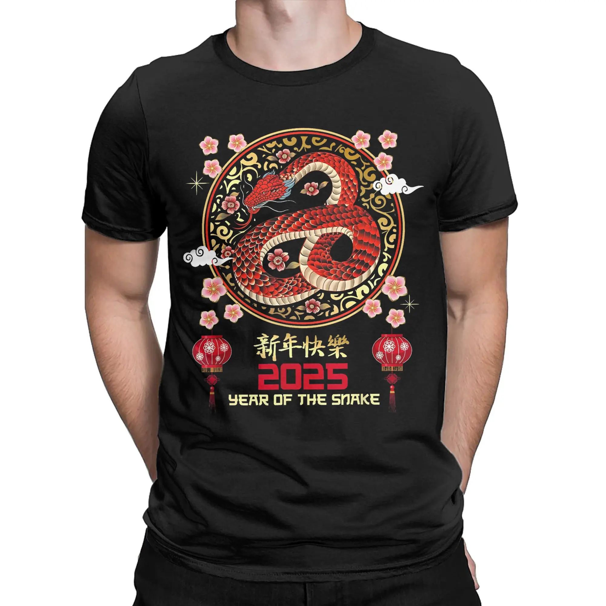 Year of the Snake 2025 Amazing T Shirt Men 100% Cotton Vintage T-Shirts Round Neck Chinese New Year Zodiac Tee Clothes Classic